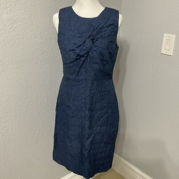 J Crew Blue Drape Knot Linen Blend Sheath Dress Sz 4 Work Dress Business Casual - Picture 1 of 7